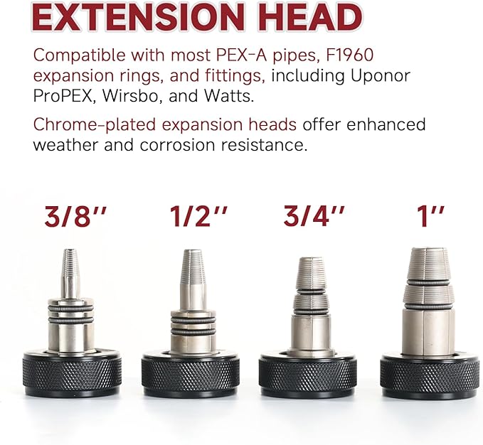 PEX Auto Rotation Expansion Tool Kit with 4 Matte Nickel Plated Heads (3/8", 1/2", 3/4", 1") – Efficient and Reliable PEX-A Expander Tool Set with Pipe Cutter Meets ASTM F1960 Standard