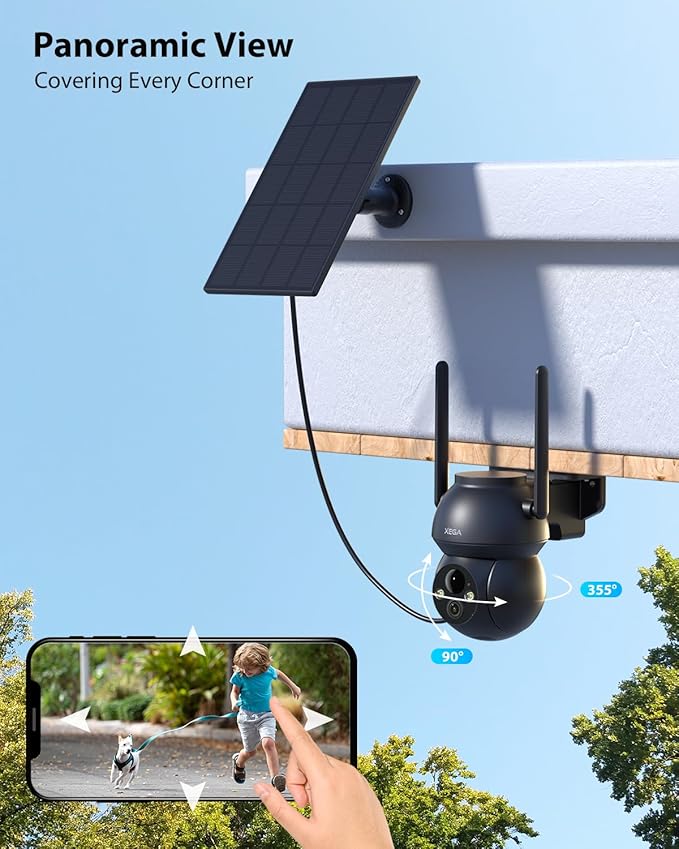 Xega Solar WiFi Camera Outdoor Wireless, 2K PTZ Security Camera with Rechargeable Battery, Color Night Vision, PIR Motion Detection, 2-Way Audio Spotlight & Siren, TF/Cloud Sttorage IP66