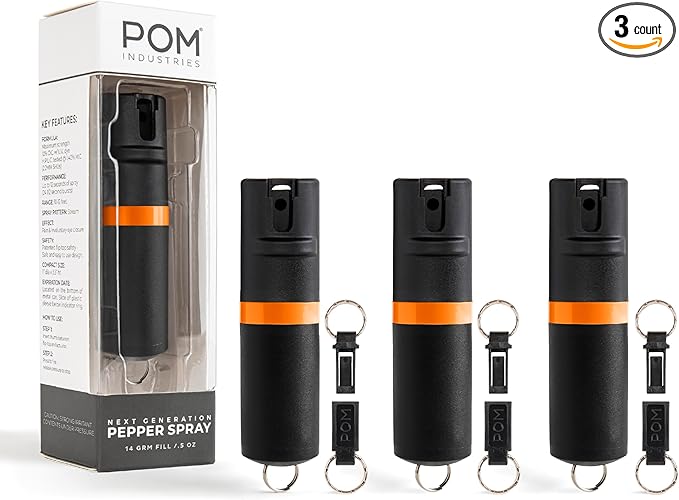POM Pepper Spray Keychain, Quick Key Release for Instant Access, Flip Top Safety, Maximum Strength OC Formula with UV Marking Dye, 25 Bursts, 10 ft Range, 0.5 fl oz