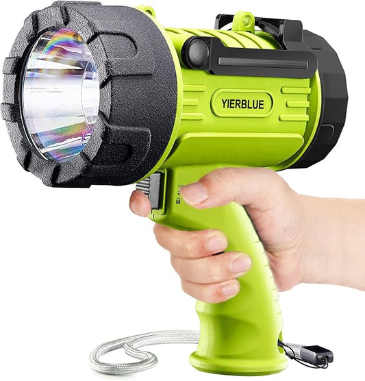 YIERBLUE Rechargeable Spotlight Flashlight with Super High High Lumen LED, IP67 Waterproof Long Running Spot Light searchlight, Impact Resistant Handheld Spotlight with Foldable Stand and Red Lens