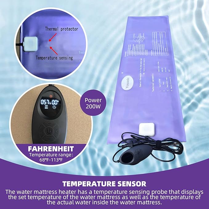 Waterbed Smart Thermostat, 200W Adjustable Softside Hardside Water Bed Heater, LED Display Waterbed Heater, Safe and Durable, For King, Queen, Full and Twin