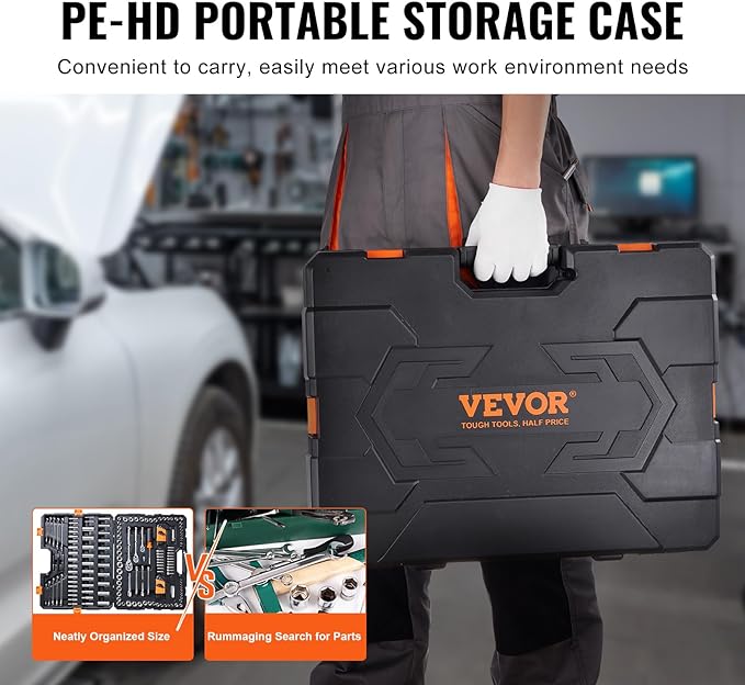 VEVOR Mechanics Tool Set, 1/4" & 3/8"& 1/2" Drive Deep and Standard Sockets, SAE/Metric 205 Pcs Mechanic Tool Kit with Bits, Combination Wrench, Hex Wrenches, Accessories, Storage Case