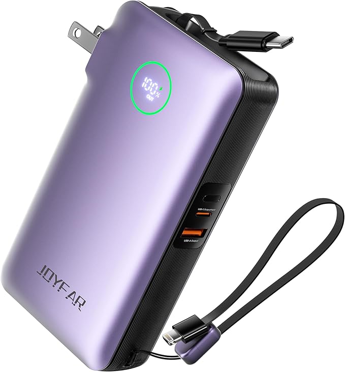 Portable Charger Power Bank - Battery Pack 35W AC Plug GaN 10000mAh Built in Cable USB C Phone Fast Charging Powerbank Compatible with iPhone 16 15 14 13 12 11 X iPad MacBook Samsung (Purple)