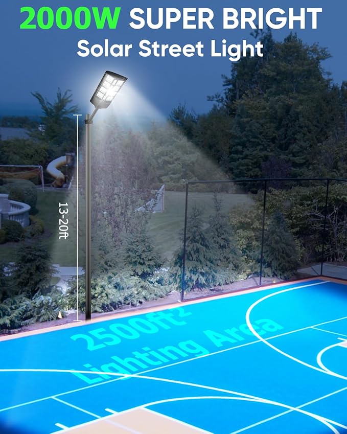 2000W Solar Street Lights Outdoor 20000LM 380PCS LED Commercial Parking Lot Lights Dusk to Dawn Waterproof Solar Security Flood Lights with Motion Sensor and Remote for Yard Warehouse Garage Driveway