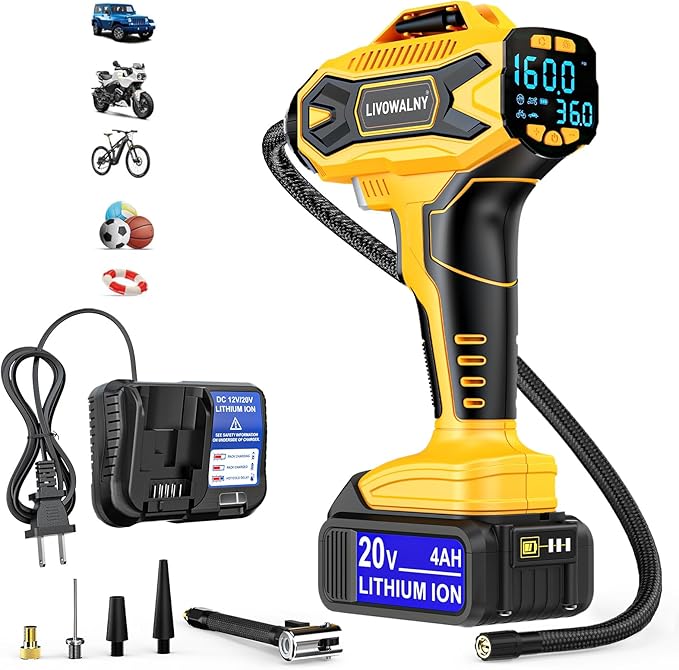 Tire Inflator Air Compressor for Dewalt 20V Max Battery, LIVOWALNY 160 PSI Cordless Portable Electric Air Pump with 4AH Baterry, 2025 Bigger LCD Digital Pressure Gauge for Car, Bike, Sport Ball