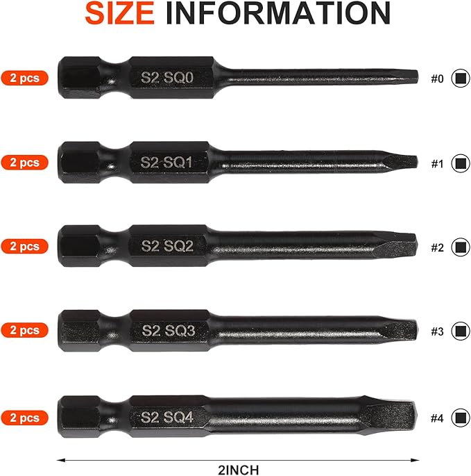 COMOWARE 10pcs Square Bit Set (SQ0-SQ4), S2 Steel 1/4" Hex Bit Set, Tamper-Proof Driver Bits Sets, CNC Tip Magnetic Drill Bitss, 2" Length, Impact Hex Bits Sets For Electronic Devices Disassembly