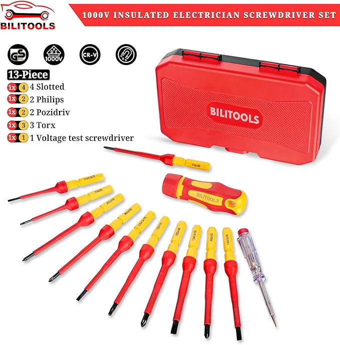 BILITOOLS 1000V Insulated Electrician Screwdriver Set - 13pcs Electrical Tools Kit with Magnetic CR-V Steel Tips, Insulated Handle, Phillips, Slotted, Pozi, Torx Screwdrivers, VDE & GS Certified
