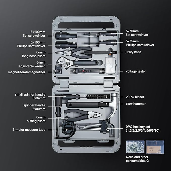 Growneer Tool Set, 241 Piece Home Tool Kit with Durable Metal Tools for Home Repair,DIY,Maintenance,Includes Screwdriver Wrench Hammer Scissors Tape Plier Tool Box Essential Mechanics Tools Kit