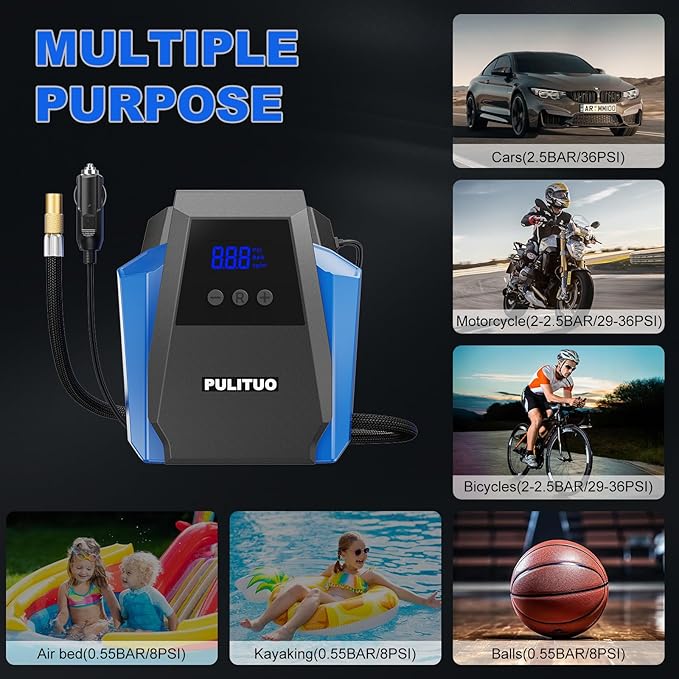 PULITUO Tire Inflator Portable Air Compressor - Car Accessories 12V DC Air Pump for Car Tires with Digital Pressure Gauge, Emergency LED Light for Wheel, Bike, Ball, Motor