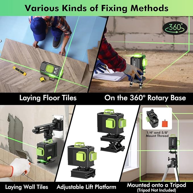 Laser Level Self Leveling - Elikliv Outdoor Robust Indoors 4D Green Cross Line Laser Level 4x360 Horizontal Vertical Dual-beam Lasers 200ft for DIY (4D Laser Level All-Inclusive KIT)
