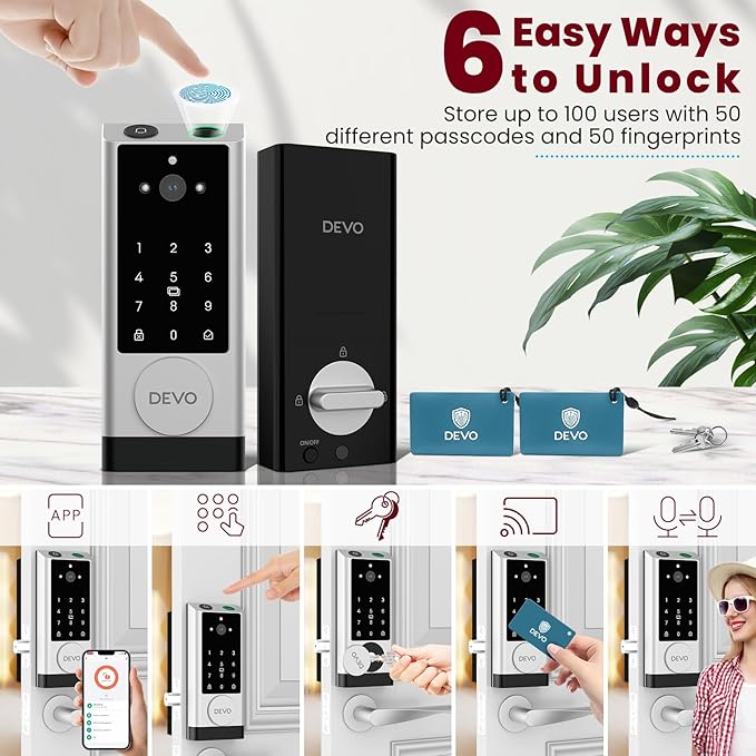 DEVO G1 Video Smart Lock with Camera & Doorbell, 6-in-1 Keyless Entry Door Lock with Fingerprint, App Remote, Auto Locks, Built-in Wi-Fi Smart Deadbolt for Front Door(Silver)