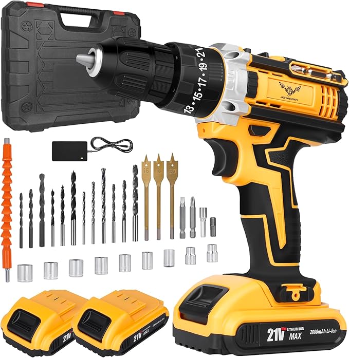 Cordless Drill Set 21V, Electric Screwdriver with 2 Batteries 2000mAh, 25+3 Torque Cordless Hammer Drill, 2-Speed, 42N.m Max, LED Work Light