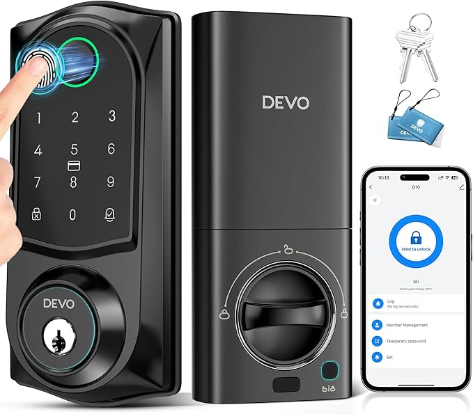 DEVO G10 WiFi Smart Deadbolt Lock, 6-in-1 Keyless Entry with Fingerprint, APP Remote Control, Digital Keypad, Front Door Lock，Auto-Locks,Easy Install，IP54 Waterproof