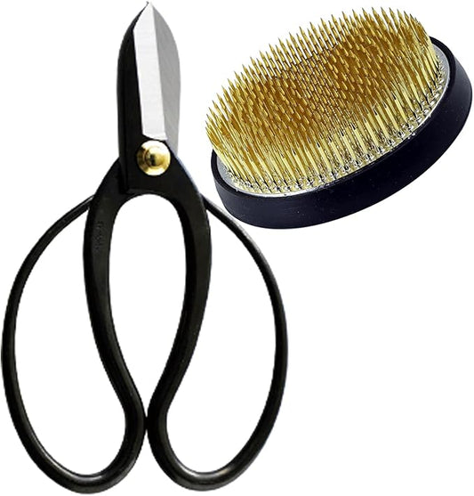 Wazakura Made in Japan Ikebana Tool Kit - Koryu Scissors + Brass Kenzan Flower Holder, Japanese Floral Arrangement Set, Florist Shears and Pin Frog Gift Box Set - Koryu+Brass Kenzan 3-1/4" (80mm)