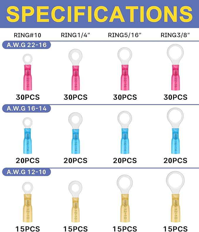 haisstronica Crimping Tool for Heat Shrink Connectors with 260PCS Marine Grade Heat Shrink Ring Connectors of Tinned Red Copper AWG 22-10