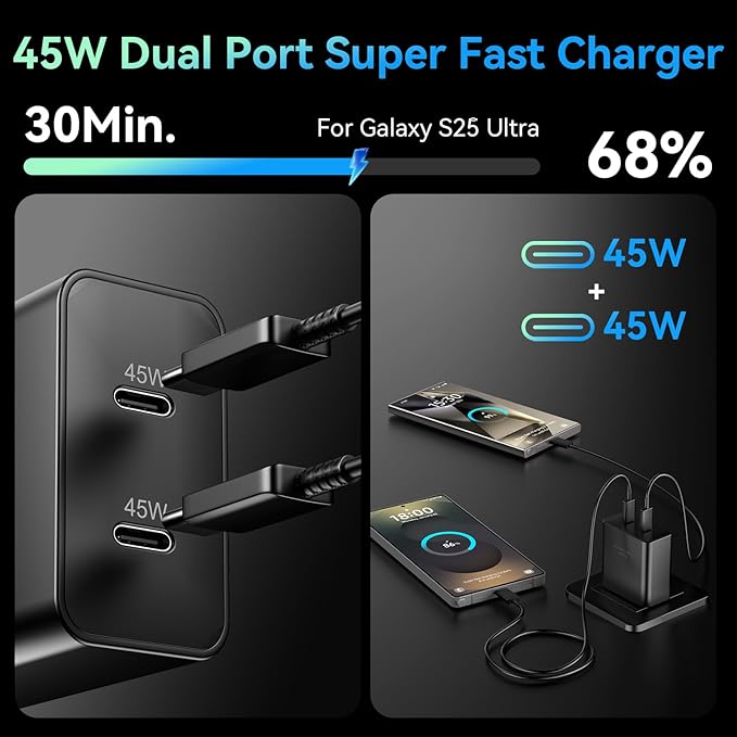 2Port 45W Super Fast Charger USB Type C Charger Fast Charging 6.6FT Cord with Android Phone Charger Adapter for Samsung Galaxy S25 Ultra/S25+/S24/S24 Ultra/S23/S22/S20/Note10+/Tab S9,2Pack