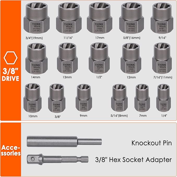 THINKWORK Bolt Extractor Kit, 18-Piece Nut Extractor Socket Set, 3/8" Drive Rounded Bolt Remover, Lug Nut Removal Tool for Damaged, Rusted, Rounded-Off, Stripped Fasteners