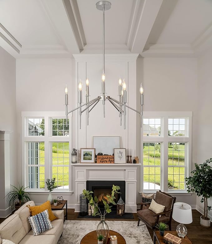 9 Light Brushed Nickel Chandelier for Dining Room Light Fixture, Industrial Modern Farmhouse Chandeliers, Hanging Silver Chandelier for Kitchen Living Room Bedroom Foyer Entryway
