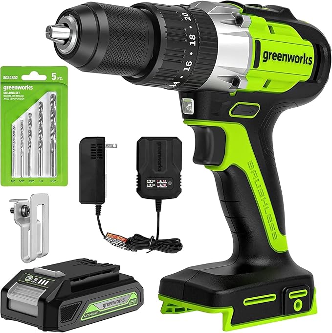 Greenworks 24V Brushless 1/2" Hammer Drill (Metal Chuck / 530 in.-lbs. / 20+3 Clutch / LED Light) + 5 PC Drill Bits, 2.0Ah Battery and Charger Included