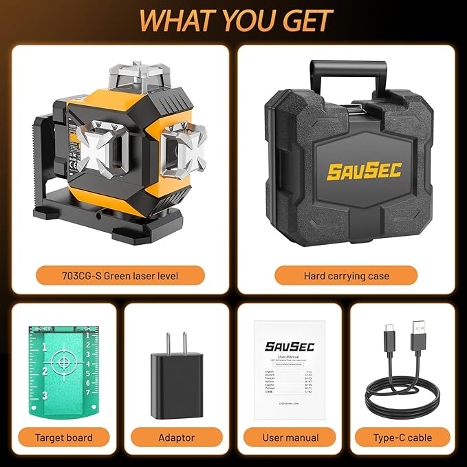 Laser Level 360 self leveling, SAVSEC 3 x 360° Brightness Adjustable Lazer Leveler Tool, 3D Rechargeable Green Cross Line Laser for Construction and Picture Hanging - Magnetic Fine-adjust Wall Bracket