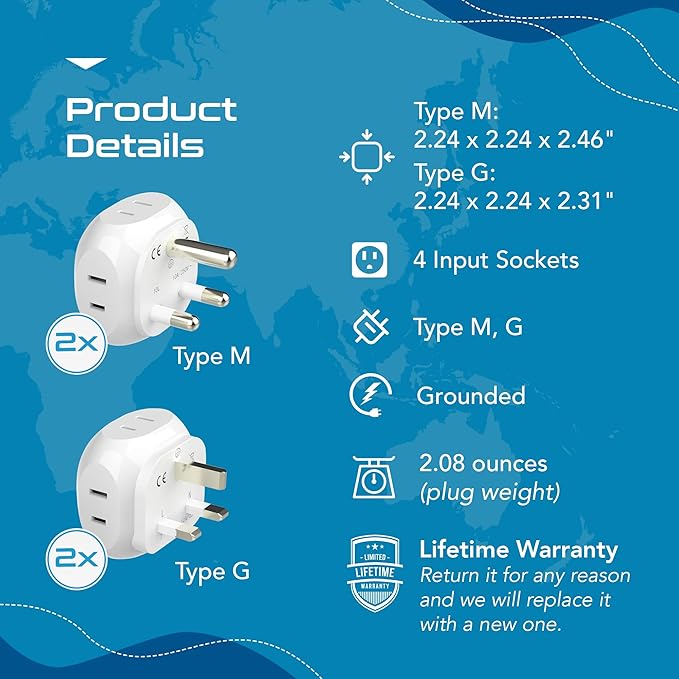 Ceptics South Africa Travel Plug Adapter Set - 4 Input - Ultra Compact - Light Weight - Type M and Type G - USA to Any Type M Countries Such as Botswana, Namibia - 4 Pack (PT-7-10L-4PK),White