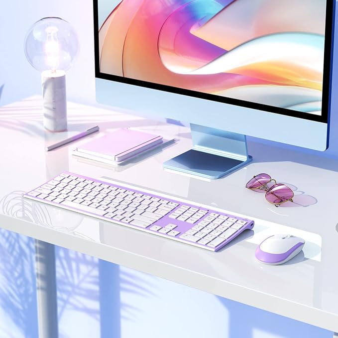 Wireless Keyboard and Mouse, Vssoplor 2.4GHz Rechargeable Compact Quiet Full-Size Keyboard and Mouse Combo with Nano USB Receiver for Windows, Laptop, PC, Notebook-Lavender Purple