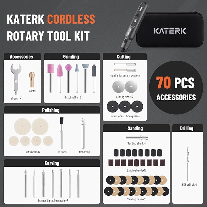 Katerk Cordless Rotary Tool Kit, 3.7V Mini Rotary Tool with 5 Speed and 70PCS Accessories, 20000RPM, USB Charging Multi-Purpose Power Tool for Engraving, Sanding, Drilling, Polishing, Cutting, Grey