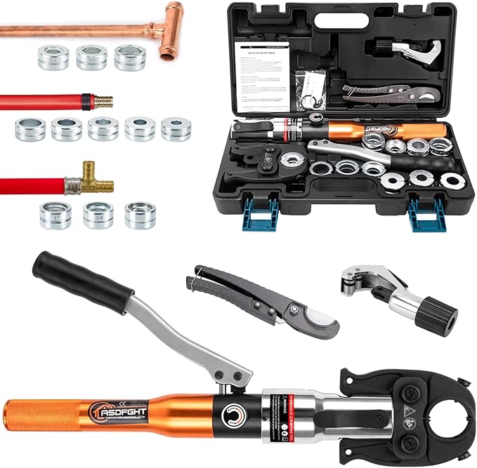 Copper Pipe Crimping Tool - with 1", 3/4", 1/2" Dies for F877 stainless PEX Press Sleeves & Copper Pipe + 1", 3/4",5/8", 1/2", 3/8" Dies for ASTM F1807 Pex Pipe Copper Ring