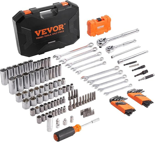 VEVOR Mechanics Tool Set, 145-Piece, Chrome Vanadium Steel, Polyethylene, SAE/Metric Sockets, Combination Wrench, Hex Wrenches, Accessories, Storage Case