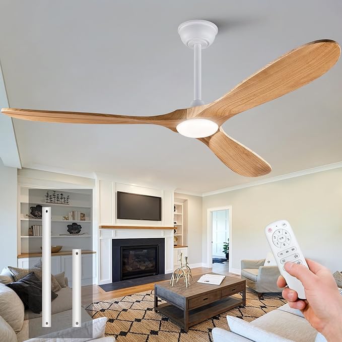 60'' Modern Ceiling Fans with Lights and Remote,3 Blade Wood Fan,6 Speed DC Motor Outdoor Indoor White Ceiling Fan for Patio,Living Room,Bedroom