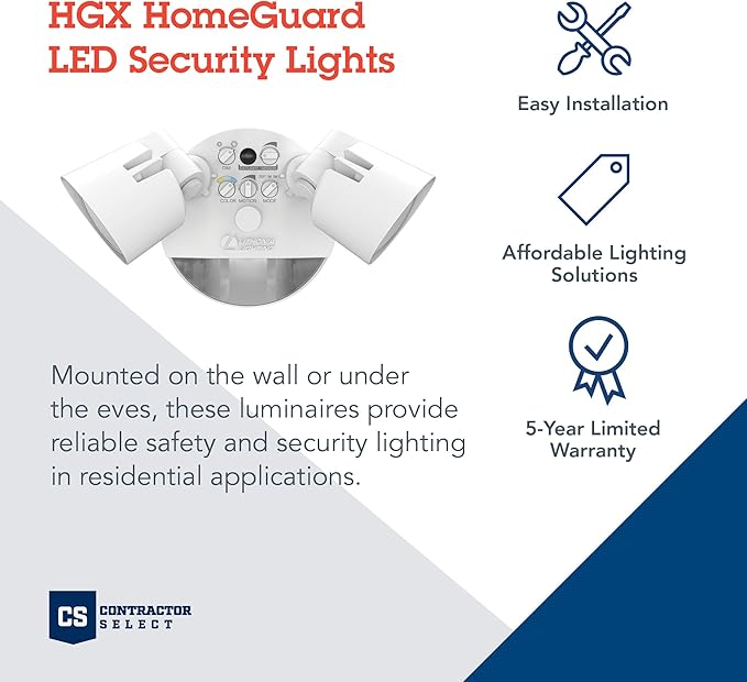 Lithonia Lighting HomeGuard 2-Light LED Outdoor Flood Lights, Motion Sensor Outdoor Lights with Dusk to Dawn, Adjustable Lumens and Color, Round Heads, White (HGX LED 2RH ALO SWW2 120 PIR WH M2)