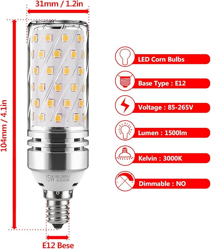 gezee E12 LED Corn Bulbs,15W LED Candelabra Light Bulbs 120 Watt Equivalent, 1500lm, Warm White 3000K LED Chandelier Bulbs, Decorative Candle, 4.1in*2.1in, Non-Dimmable LED Lamp(3-Pack)