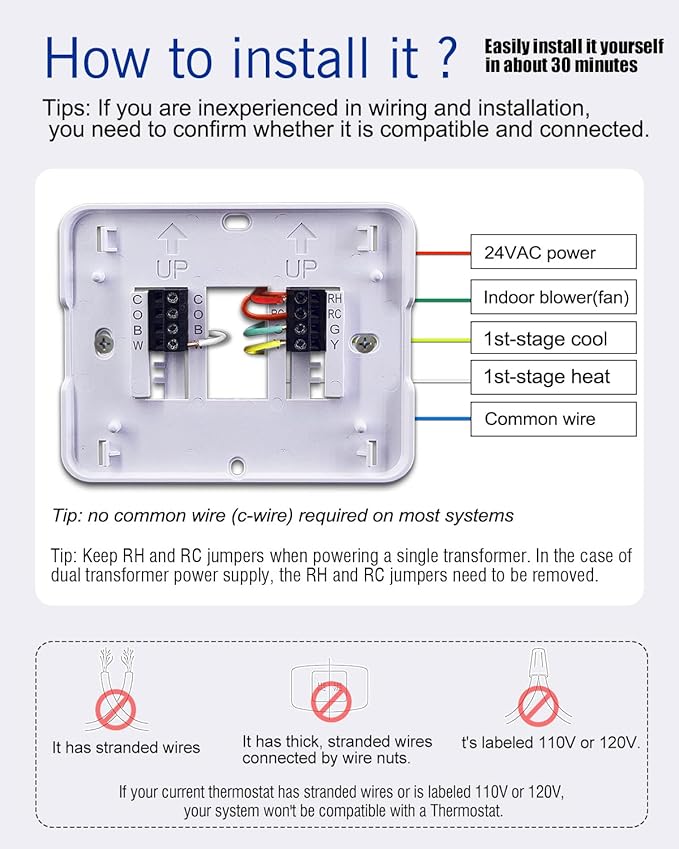 Non Programmable Thermostat for Home 1 Heat/ 1 Cool Single-Stage System, with Room Temperature Monitor (LCD Blue Backlit Screen)