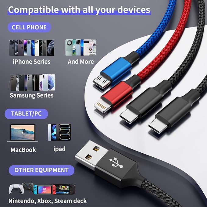Travel Essentials, Dual Type-C 4 in 1 Multi Charging Cable for Multiple Devices, USB Cables Universal Phone Charger Cord with IP/Micro/2 USB-C Port for iPhone17/16/15/14, Android Tablet Pad, 2Pack 5FT
