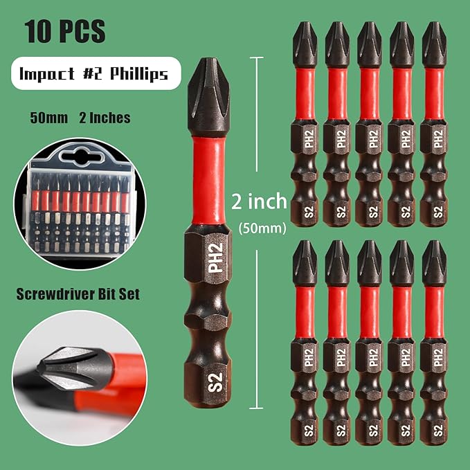 Impact #2 Phillips Screwdriver Bit Set, 10 Pieces 2” S2 Steel Magnetic PH2 Tips Driver Power Bit Set with Organizer Case