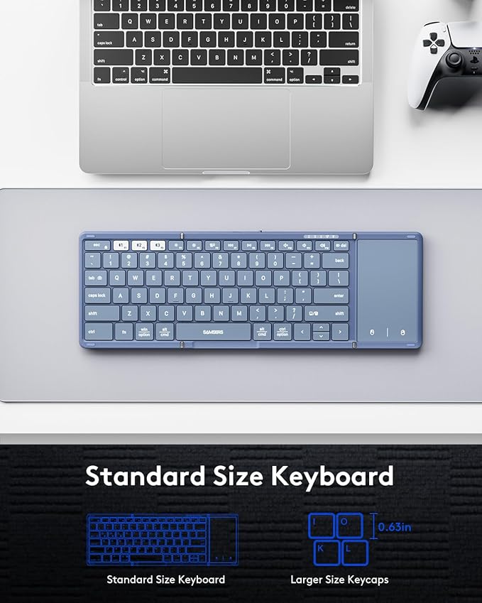 Samsers Foldable Bluetooth Keyboard with Touchpad, Full-Size Wireless Folding Keyboard with PU Leather, Portable Travel Keyboards for iOS Android Windows Mac OS, Support 3 Devices (BT5.1 x 3), Blue