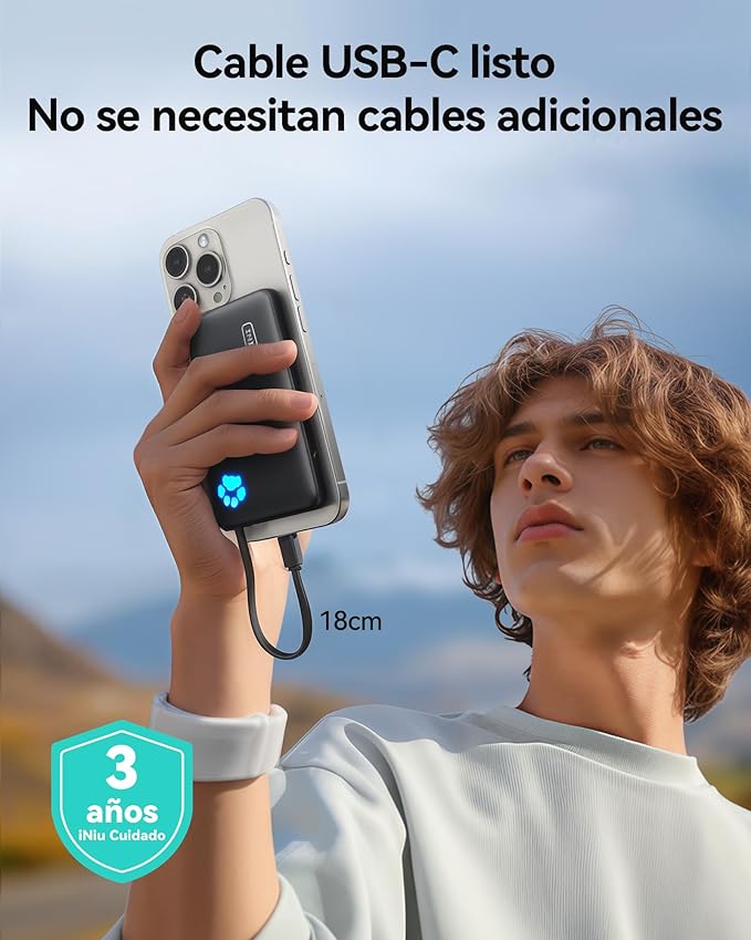 INIU Portable Charger, Slim 10000mAh Power Bank with Build in USB-C Cable, 20W Fast Charging Mini Battery Pack, Travel Trip Flight Cruise Ship Essentials for College Student Travelers Boy Girl, Orange