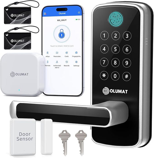Smart Lock with WiFi Gateway, Keyless Entry Lock with Handle - Locks for Front Door with Keypad - Fingerprint Lock - App Control with Door Sensor - Auto Lock