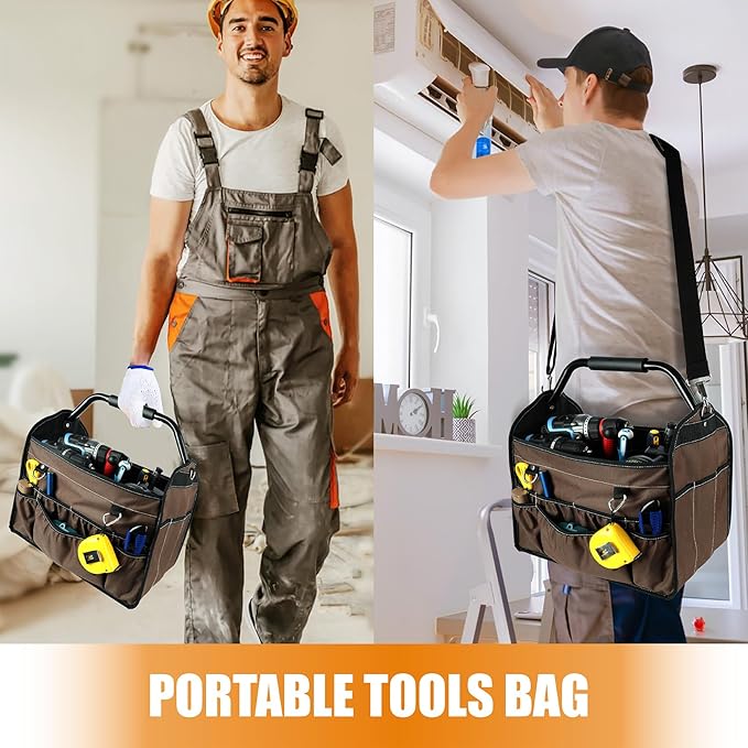 KUNLUN 17-Inch Open Top Tool Bag, Electrician Tool Bag, Tool Tote Bag Organizer for Easy Tool Access, 33 Pockets Foldable Tool Carrier with Rotating Steel Handle and Removable Shoulder Strap, Brown