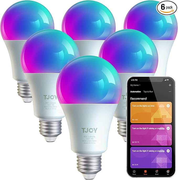 TJOY 6 Pack Smart LED Light Bulbs, Tuya APP, WiFi Bulbs Work with Alexa&Google Home, RGB Color Changing Light Bulb, Music Sync, A19 E26 Base, 9W(60W Equivalent),800LM, 2700-6500K(2.4Ghz Only)