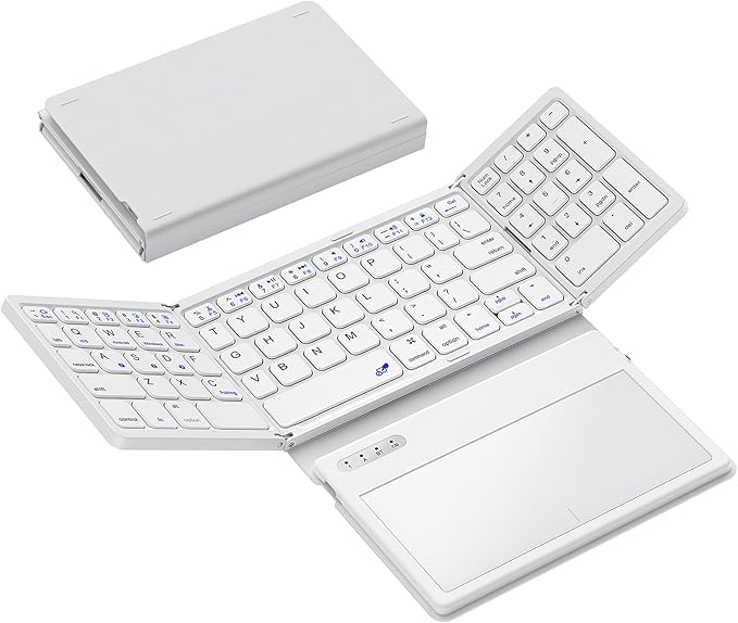 Foldable Bluetooth Keyboard, Portable Full Size Folding Keyboard with Large Touchpad, Numeric Keypad, PU Leather, Wireless TravelKeyboard for Windows Android Mac(White)
