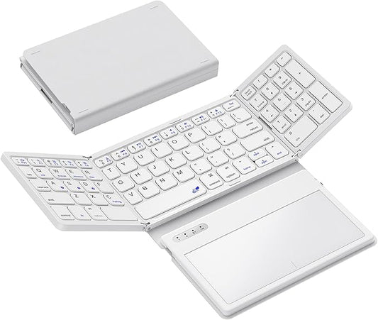 Foldable Bluetooth Keyboard, Portable Full Size Folding Keyboard with Large Touchpad, Numeric Keypad, PU Leather, Wireless TravelKeyboard for Windows Android Mac(White)