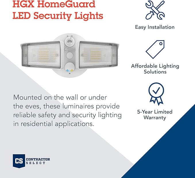 Lithonia Lighting HGX LED 2SH ALO SWW2 120 PE WH M2 HomeGuard LED Outdoor Security Floodlight, Adjustable Light Output, Switchable CCT, Photocell, 2-Lights, White
