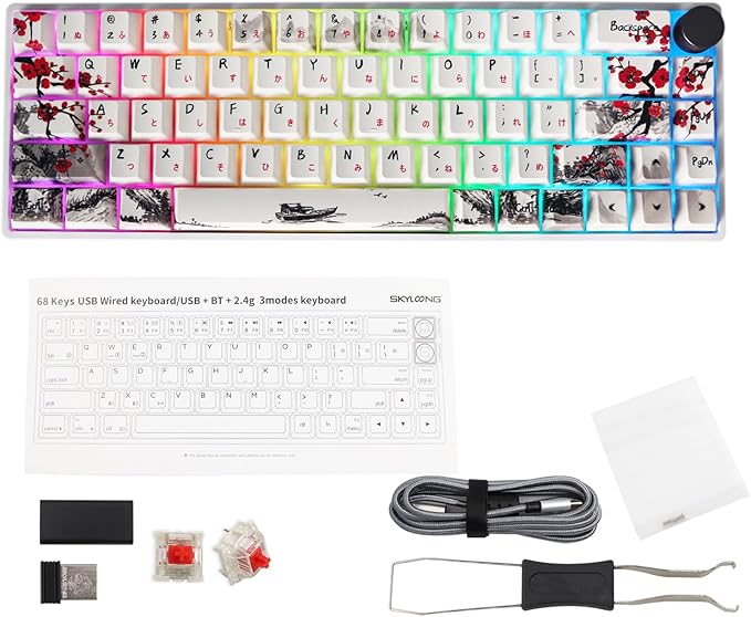 MOLGRIA GK68 68-Key RGB Backlit Gaming Keyboard with Plum Blossom Keycaps, Hot Swappable Red Mechinery Switches, Triple Mode Connection with Knob Mechanical Keyboard for Win/Mac OS