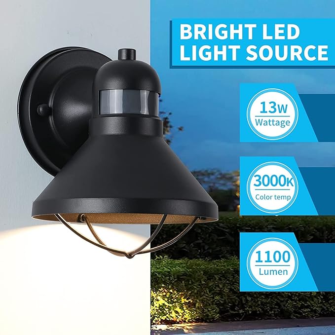 LONEDRUID 2 Pack Motion Sensor Outdoor LED Wall Light Dusk to Dawn Exterior Sconce Lighting Fixture Waterproof Wall Mount Barn Lamp Black Outside Lantern for House Porch Garage Farmhouse