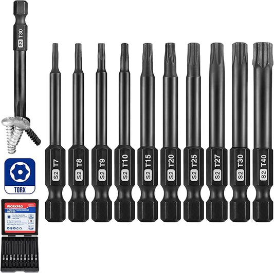 WORKPRO 10pcs Security Torx Bit Set, CNC Machined S2 Steel Star Bit Set, 2.3" Long Tamper Proof Torx Screwdriver bit with Magnetic Tips, Tamper Resistant Fastener Drive Bits with Storage Box