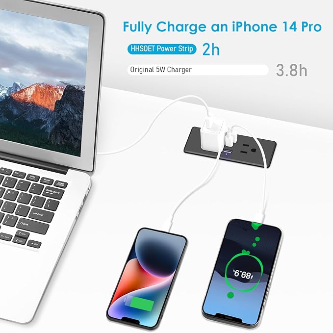 HHSOET 20W Fast Charging Power Strip with USB-C, 2 AC Plugs, 2 USB Ports, 10ft Power Cord, Black