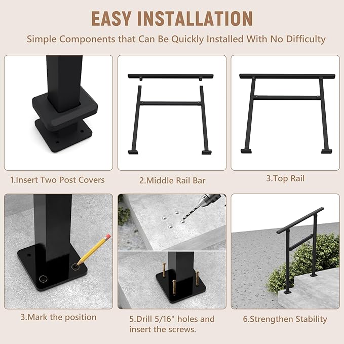 Hand Rails for Outdoor Steps,1-2 Step Railing for Stairs,Adjustable Porch Railing,Hand Rails for Seniors,Outdoor Deck Handrails for Exterior Steps,Black