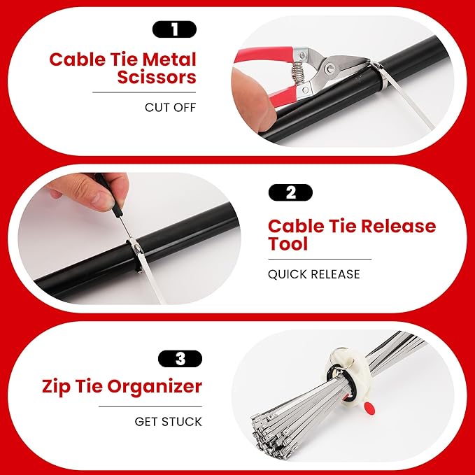 Stainless Steel Cable Tie Gun Set – Heavy Duty Metal Zip Tie Tool Kit - 150PCS Self-Locking Ties, Adjustable Fastening & Cutting Tool for Outdoor Fencing, Automotive, Exhaust Pipes (Red)