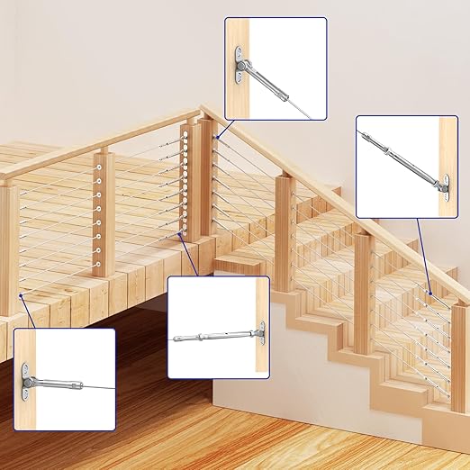 BLIKA Upgraded 10 Pairs 1/8" Swageless Cable Railing Kits, No Need Crimper Tool, T316 Stainless Steel, 180 Degree Adjustable Angle Swageless Surface Mount Turnbuckle for Wood Posts(Level & Stair)